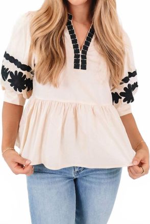 Entro Floral Embroidered Bubble Sleeved Top In Ecru