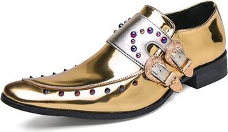 Generic Dress Oxford Shoes for Men Slip On Apron Toe Double Monk Strap PU Leather Low Top Block Heel Slip Resistant Working(9.5 UK) Golden