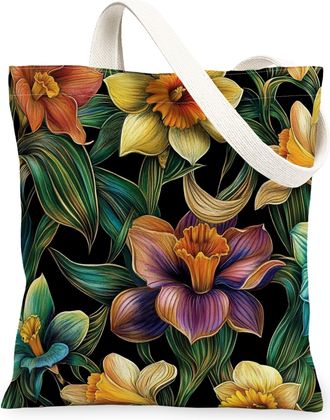 Generic Spring Daffodil Flower Canvas Tote Bag for Shopping 13x15, Vintage Retro Florals Reusable Grocery Print Bag for Women, Fun Aesthetic Beach Aesthetic P