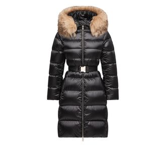 Moncler Moncler Leersies Shearling Trimmed Hooded Long Down Coat, Women, Black, Size: 00