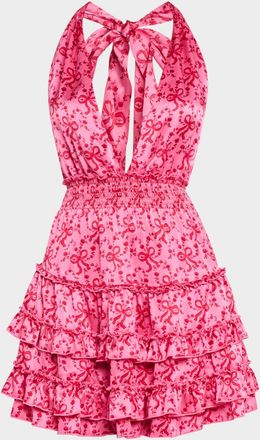 LoveShackFancy Quintelle Silk Bow-Printed Halter Mini Dress