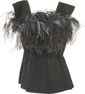 Prada Cr&ecirc;pe top met veren afwerking - Zwart