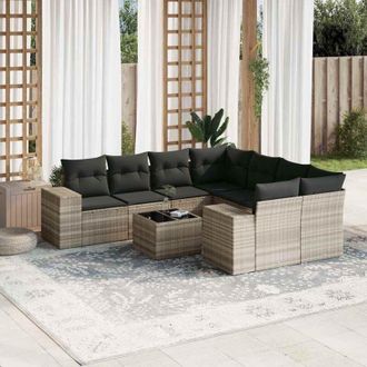 vidaXL Set Muebles Jard&iacute;n 9 Pzas Y Cojines Rat&aacute;n Sint&eacute;tico Gris Claro Vidaxl