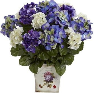 Nearly Natural Mixed Hydrangea with Floral Planter in Blue/purple at Nordstrom