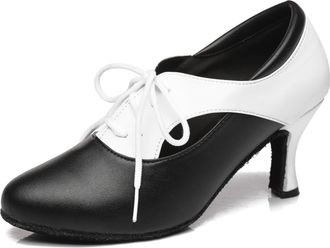 Minitoo Ladies Lace-up Fashion Leather Ballroom Latin Dance Shoes Evening Ankle Boots L416 Black/White 7.5cm Heel UK 6