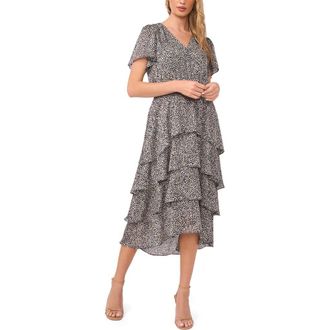 Vince Camuto Abstract Print Tiered Midi Dress in Rich Black at Nordstrom Rack, Size Medium
