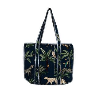 Generic Handmade Quilted Tote Bag-Navy Blue Jungle Print, Cotton Shoulder Bag with Striped Handles, Boho Travel & Shopping Bag