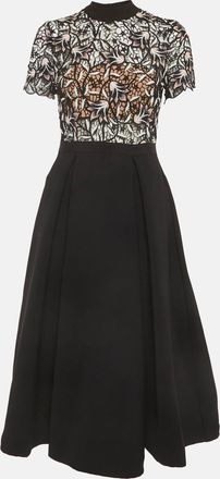 Self Portrait Black Lace Trim Crepe Nightshade Midi Dress