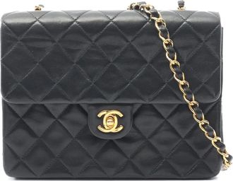 Chanel Borsa a tracolla Classic mini squadrata in pelle di agnello con battente 1986-1988 - Nero