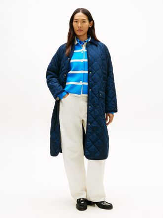 Tommy Hilfiger Steppmantel TOMMY HILFIGER PADDED FLAG QUILTED COAT, Damen, Gr. XXL (44), schwarz night navy, Web, Obermaterial: 100% Polyester, unifarben, regular fi