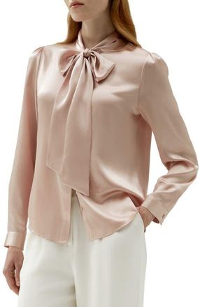 LilySilk Bow-tie Neck Silk Blouse in Pale Pink at Nordstrom, Size Medium