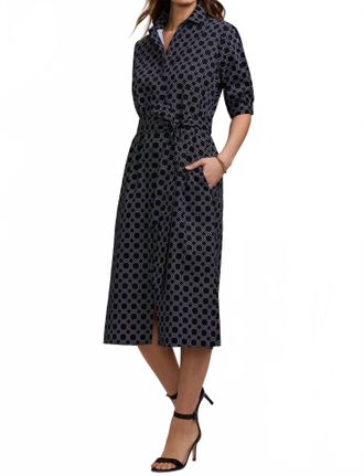 Foxcroft Esther Square Links Elbow Sleeve Midi Dress In Black / White
