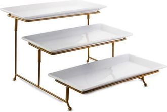 Gibson Home Gracious Dining 3 Tie Rectangle Porcelain Plate Set with Gold Metal Stand in White at Nordstrom