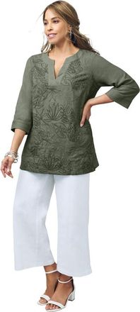Jessica London Linen V Neck Embroidered Tunic in Olive Green Leaf Embroidery at Nordstrom, Size 12