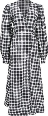 Ganni Ganni Seersucker Check Wrap Midi Dress in Black Cotton