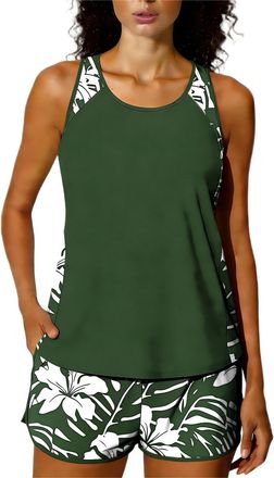 Generic Tankini Sets for Women 2 Piece Swimming Costume Athletic Bathing Suits Hawaiian Tropical Print Modest Swimwear Loose Fit Tank Top with Swim Shorts Pad