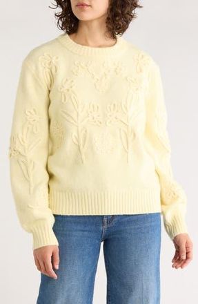 Elie Tahari Floral Embroidered Crewneck Sweater in Butter Yellow at Nordstrom Rack, Size X-Large