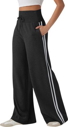 Generic Side Stripes Joggers for Women UK Trousers High Waisted Wide Leg Lounge Pants, Stretchy Drawstring Knit Bottoms with Side Stripes, Joggers for Ladies 