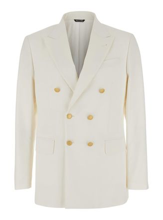 Reveres 1949 White Double Breasted Jacket With Peak Lapels In Virgin Wool And Cotton Blend Woman