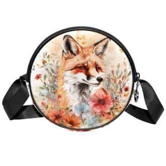 Generic Circle Crossbody Bag for Women, Fox Flowers Small Sling Bag Daypack with Zipper Adjustable Shoulder Straps Casual Ladies Girls Round Purse