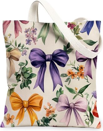 Generic Vintage Floral Canvas Tote Bags, Colorful Bows Pattern Reusable Grocery Bags, Lightweight Washable Shoulder Strap Canvas for Gym Outdoor Travel Beach 