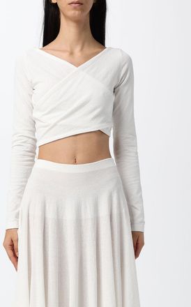 Alaia Top cropped slim fit in cotone elasticizzato con scollo a V e maniche lunghe