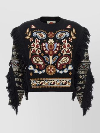 Farm Rio wool cropped embroidered sweater