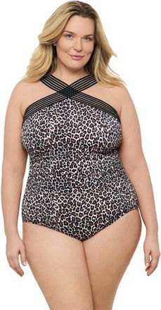 Aqua Green Plus Size Novelty Trim High Criss Cross Neck Full Coverage One-Piece Swimsuit in Seeing Spots at Nordstrom, Size 1X