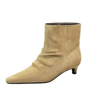 Generic High Heels Boots for Women 3CM Winter Shoes Pointed Toe Faux Suede Pleated Retro Comfort Work Office Ankle Boot (Khaki,3.5)