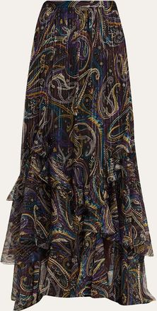 Etro Metallic Paisley Tiered Ruffle Maxi Skirt