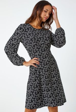Roman Square Print Gathered Stretch Dress