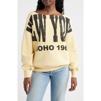 Vinyl Icons New York Off the Shoulder Graphic Sweatshirt in Yellow at Nordstrom, Size X-Small