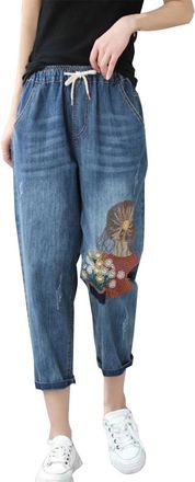Generic Boyfriend Jeans for Women UK,Womens Baggy Barrel Jeans Wide Leg Drawstring Vintage Denim Pants Pockets Elastic High Waisted Loose Cropped Jean Pull On