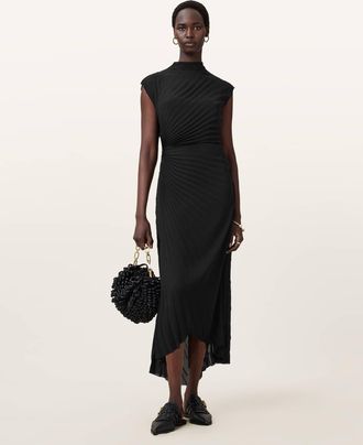 AllSaints Polyester Rayanna Pleated Satin Midi Dress, Size: UK 14/US 10