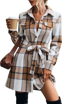 Feoya Womens Long Plaid Shacket Flannel Check Coat Button Up Checked Jacket Warm Turn Down Collar Tartan Shacket with Pockets Belt Winter Autumn Wool Blend 
