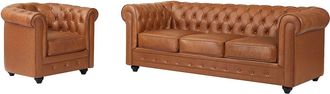 Vente-Unique Sof&aacute; de 3 plazas y sill&oacute;n de piel de vaca color camel CHESTERFIELD