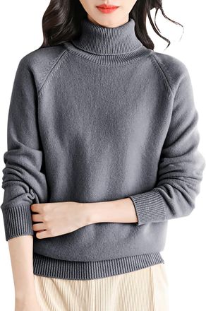 Generic Womens Jumprs Wool Polo Neck Knitted Jumper Winter Long Sleeve High Roll Neck Ribbed Sweaters Ladies Plus Size Warm Stretch Pullover Sweater Grey