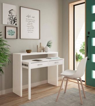 Skraut Home Skraut Home - Mesa Consola Billings, Escritorio Con Tapa Extensible, Escritorio Para Pc Con 2 Cajones, Cm 99x36h88, Blanco