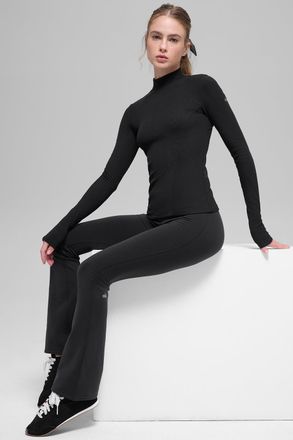Alo | Ribbed Mesmerize Mock Neck Long Sleeve Top in Black, Size: Medium