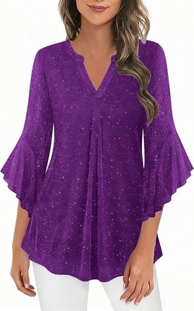 Generic KUIH Womens Sparkly Blouses Ruffle 3/4 Sleeve Tunic Tops Loose Flowy Chiffon Ladies Glitter Blouses V Neck Pleated Tunic Blouse Loose Fit Ladies Top F