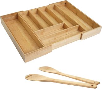 Hhg Nunca Usado] Cubertero + Servidores De Ensalada Hhg 928, Caj&oacute;n Insertable Bandeja De Vajilla Cuberter&iacute;a De Servicio Accesorios De Cocina, Bamb&uacute;