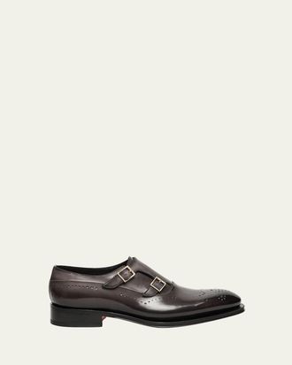 Santoni Mens Kaj Brogue Leather Double-Monk Strap Loafers