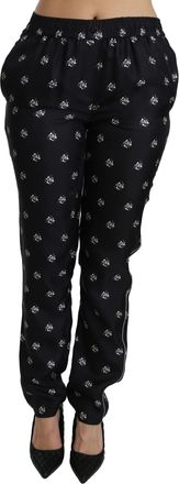 Dolce & Gabbana Womens Black Printed Mid Waist Skinny Silk Pants