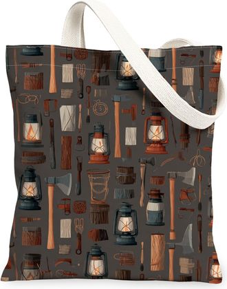 Generic Vintage Rustic Canvas Tote Bags, Lanterns and Tools Pattern Reusable Grocery Bags, Lightweight Washable Shoulder Strap Canv, Gray, 13x15 Inch