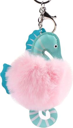 ACVIP PU Sea Horse Keychain Soft Faux Fur Ball Pom Pom Keyring Bag Hanging Pendant (Pink)