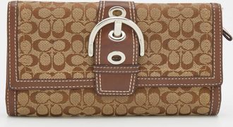 Coach Beige/brown Signature Canvas And Leather Buckle Detail Continental Wallet