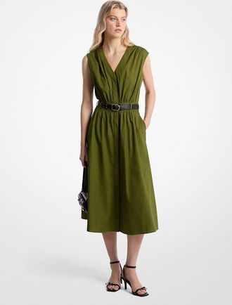Michael Kors Stretch Cotton Poplin Belted Midi Dress