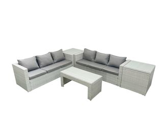 Fimous 6 Seater Garden Outdoor Rattan Furniture Set Rattan Garden Sofa Oblong Coffee Table with 2 Side Tables Light Grey Mixed