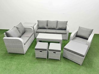 Fimous Patio PE Wicker 9 Seater Outdoor Rattan Furniture Sofa Sets w/ Oblong Coffee Table Reclining Chair Loveseat Sofa 3 Seater Sofa Stool Side