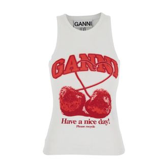 Ganni Sleeveless Tops, female, White, Size: XS Tank Top with Cherry